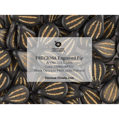 PRECIOSA Engraved Pip N. 197 Black Opaque,Gold Painted