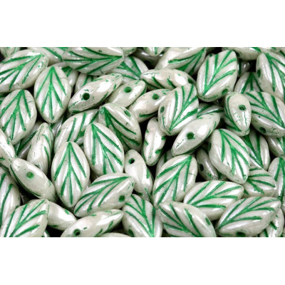 Beech Leaf Beads 7x11 mm N. 1657 WHITE ALABASTER GREEN LUSTER/GREEN DECOR