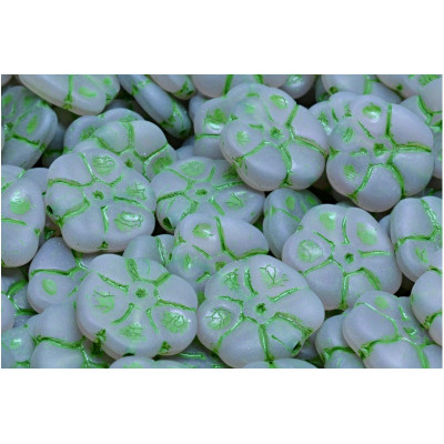 Primrose Beads 15x15mm Opal White & Green 54329 | Czech Glass