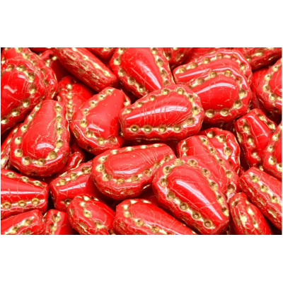 Lacy Tear Beads N. 3432 OPAQUE CORAL RED/GOLD