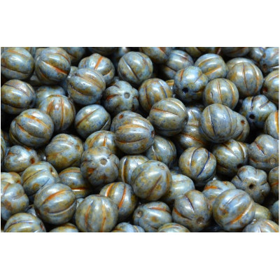 Melon Beads 8x8mm Blue Green Spotted 02010-65325 | Rutkovsky Glass
