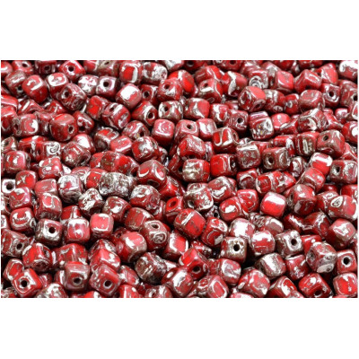 Cube Beads 4x4mm Opaque Coral Red Picasso 93200-43400 | Czech Glass