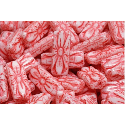 Flower Rectangle Beads 20x8mm White Red 02010-43808 | Czech Glass