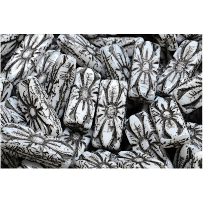 Flower Rectangle Beads 20x8mm White Black 02010-43815 | Czech Glass