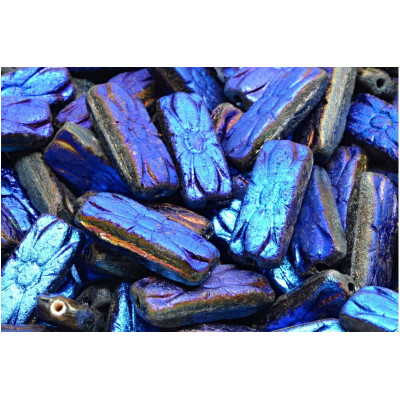 Flower Rectangle Beads 20x8mm Metallic Etched Blue 23980 | Glass Beads
