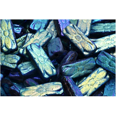 Flower Rectangle Beads 20x8mm Teal Iridescent 23980 | Glass Beads