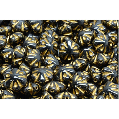 Folklore Flower Beads 11x11mm Jet Black Gold 23980-54302 | Czech Glass