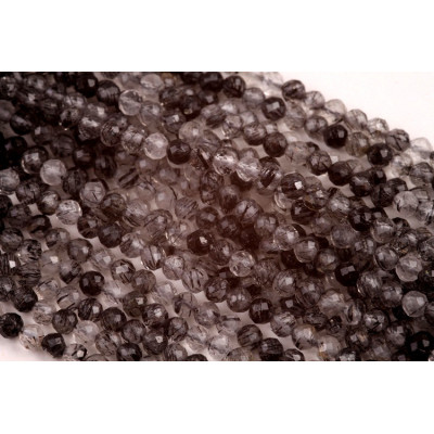 Faceted Black Rutile Quartz mineral beads no. 369 - Inky Rutiles in Quartz
