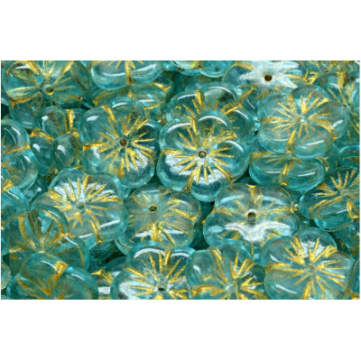 Apple Flower Beads 14x14mm Turquoise Gold 43803 | Czech Glass